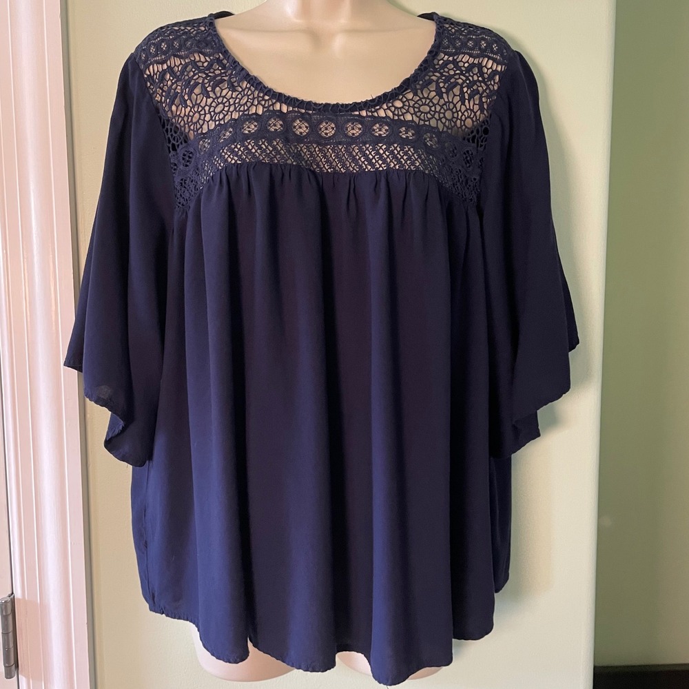 Ariat Womens Crochet Lace Blouse Size L Blue Yoke Flutter Sleeve Babydoll FLAW‎